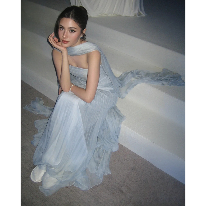 Strapless Blue High-End Evening Dress Birthday Coming-Of-Age Ceremony Light Luxury Simple Niche Bride Engagement Morning Gown Dress Strapless Blue High-End Evening Dress Birthday Coming-Of-Age Ceremony Light Luxury Simple Niche Bride Engagement Morning Gown Dress