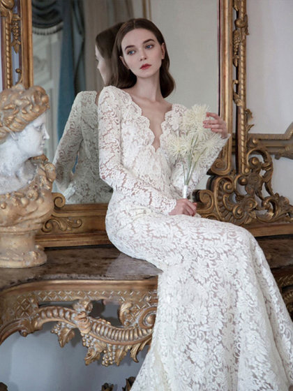 梵娜仙衣法式鱼尾轻婚纱新款新娘出门纱蕾丝长袖高级感礼服秋冬