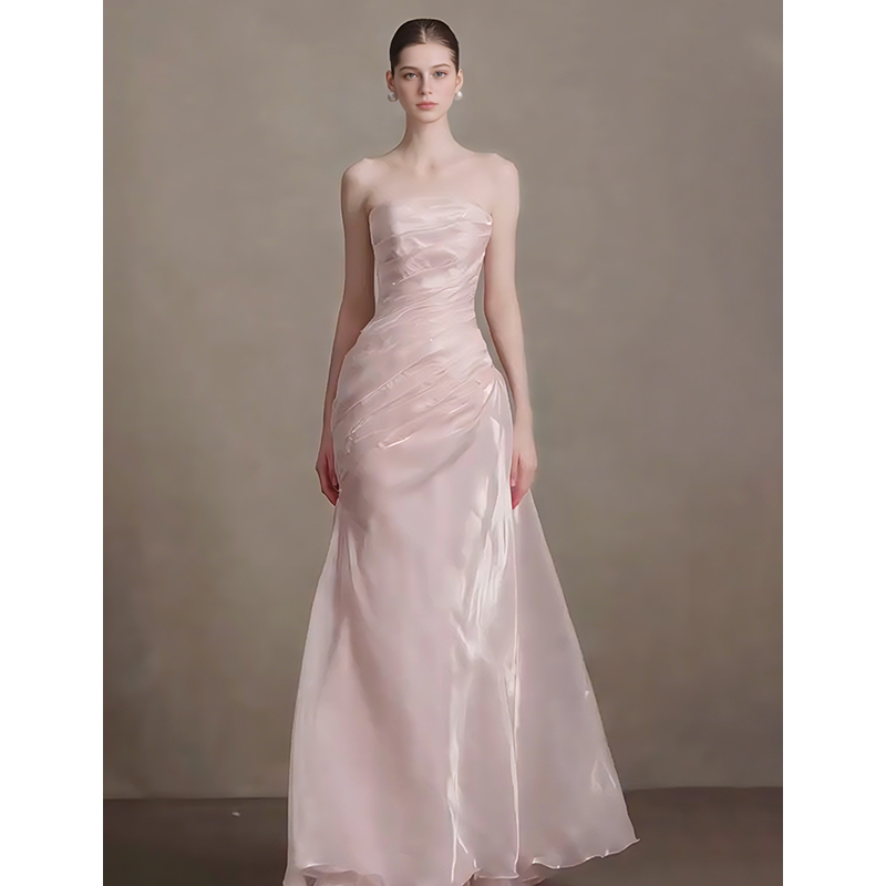 French-Style Pink Fairy-Like Strapless Light Wedding Dress, Stunning and Elegant, Long Dress for Birthday Parties, Bride's Wedding Toast Dress