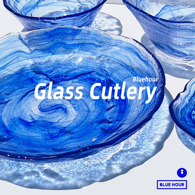 Bluehour Klein Blue Ink Wave-Dyed Glass Dinner Bowl, Irregular Shaped Dessert Bowl
