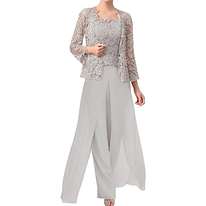 Two-Piece Mother of the Bride Dress Pants Set Chiffon Evening Gown Wedding Guest Groom Dress Lace Jacket