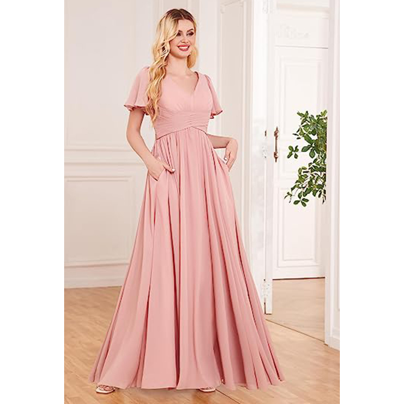 Foreign Trade V Neck Bridal Dress Bridesmaid Dress Large Sleeves Long Chiffon Slit a Line Formal Cocktail Party Evening Dress