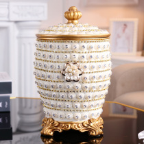 European style luxury living room bedroom household desktop garbage storage bucket Creative resin round sanitary trash can with lid