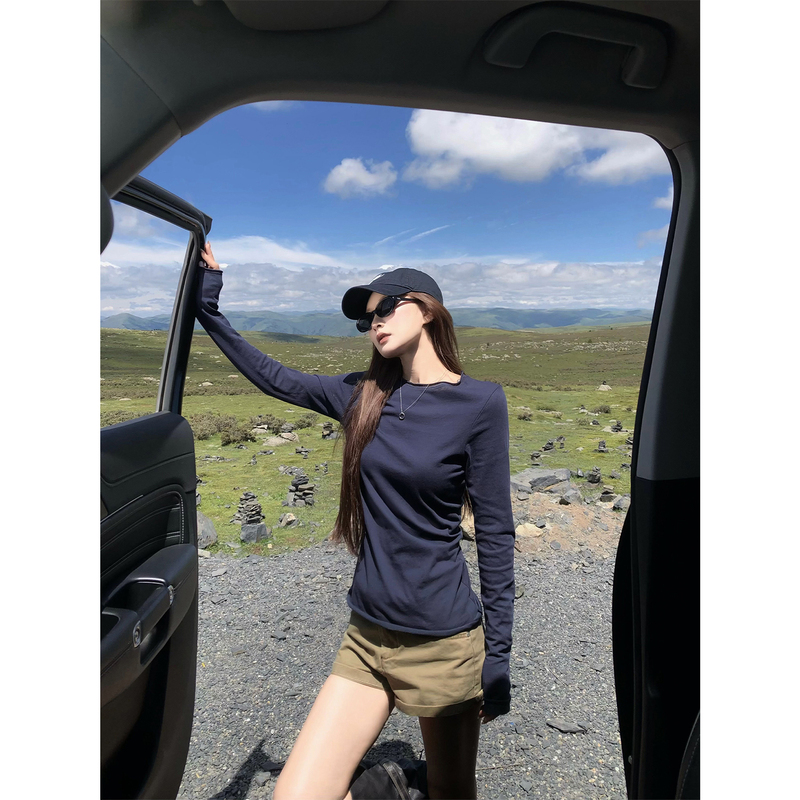 Fangting Blue Long-Sleeved Women's Autumn Knit Top with Regular Shoulders, Slimming and Versatile as a Base Layer T-Shirt