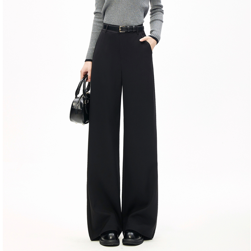 Black Petite Tr Suit Fabric Is Suitable for Women with Thick Legs, Wide Hips, Large Buttocks, and Pear-Shaped Body Types, Loose Wide-Leg Pants
