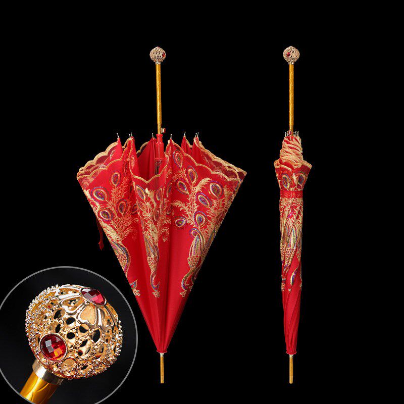 Wedding red umbrella wedding bride go out to marry happy umbrella antique Chinese style folding lace Chinese personality long handle
