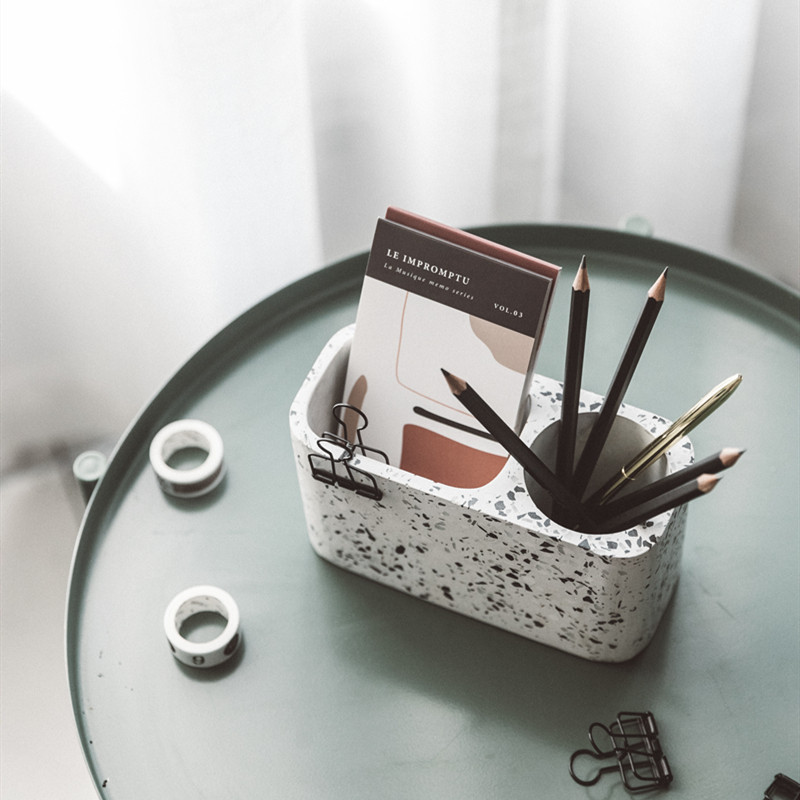 ins Nordic terrazzo double hole pen holder creative personality stylish cute office desktop large capacity storage box