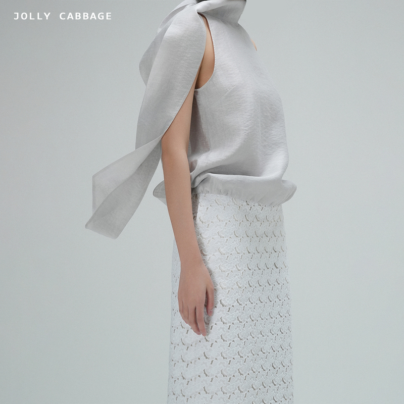 Jollycabbage | Cloud Smoke Gray Imported Silk Linen Scarf Ribbon Design Sleeveless Shirt Top