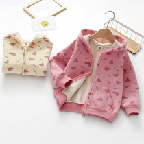 Girls 2022 winter new casual hooded zipper jacket childrens printed love plus fleece thick sports cardigan