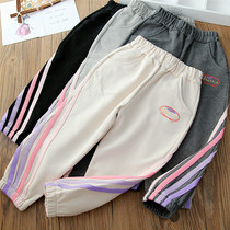Girls color strip side pull cotton sports pants 2022 childrens spring and autumn terry pocket trousers casual pants all-match trousers