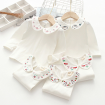 Girls pure cotton lapel bottoming shirt 2022 spring and autumn new childrens cartoon embroidery T-shirt cute long-sleeved doll shirt