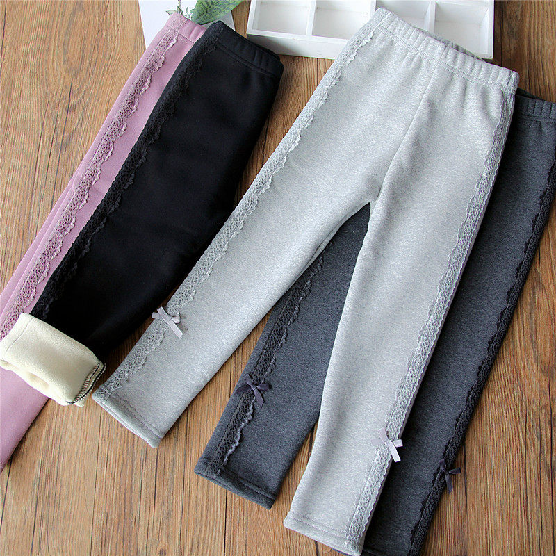 Girls all-in-one velvet warm leggings children's 2022 winter lace pull strip pure cotton thickened pencil pants trousers trendy