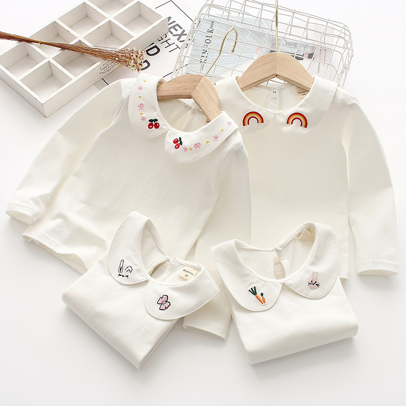2023 Girls Spring Pure Cotton Embroidery Reel Sleeved Sleeve Baby Shirt Baby T-shirt