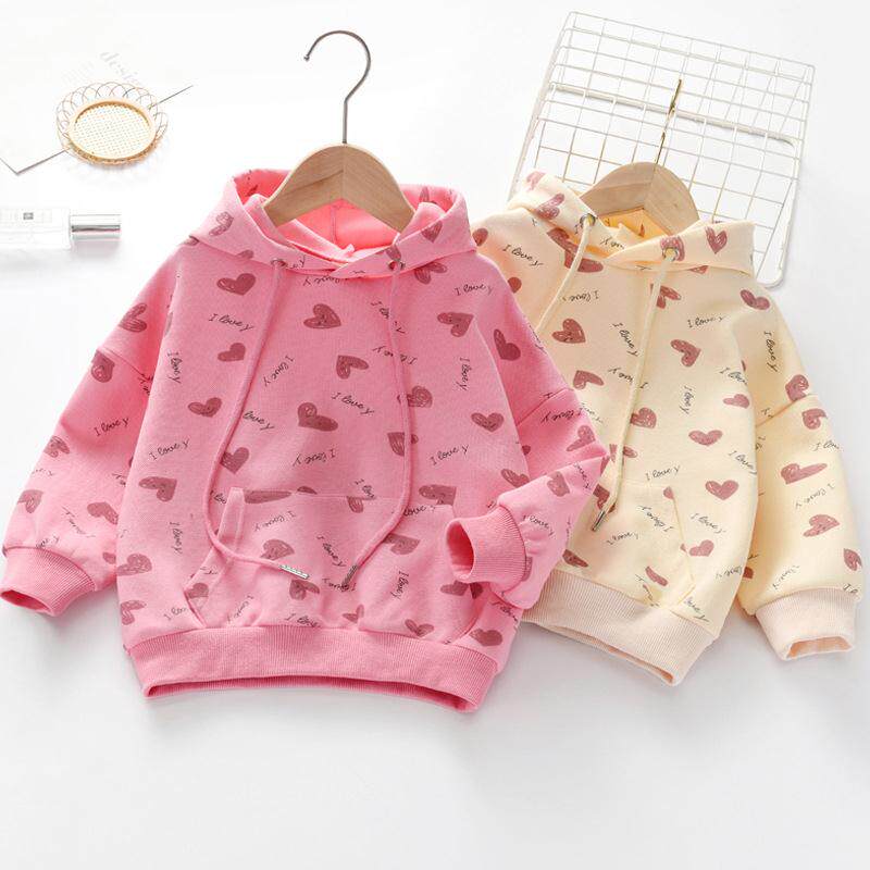 2022 autumn new girls' spring and autumn full printed love hooded sweater children's Korean version long-sleeved pullover casual top