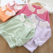 Girls size 110 hollowed out solid color lapel sweater 2022 spring and autumn pure cotton T-shirt childrens candy color doll shirt top