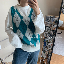 2020 Autumn new color color plaid knit vest women loose Mohair pullover sweater vest sleeveless outer wear