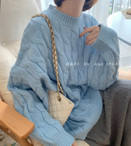 Soft milk blue soft glutinous tenderness wind loose Korean version wear lazy wind has a fan sweater twist round neck sweater women