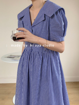 Literary Port Wind Bubble Sleeve Plaid Shirt Dress Summer niche French Retro Long Dress Waist Skirt