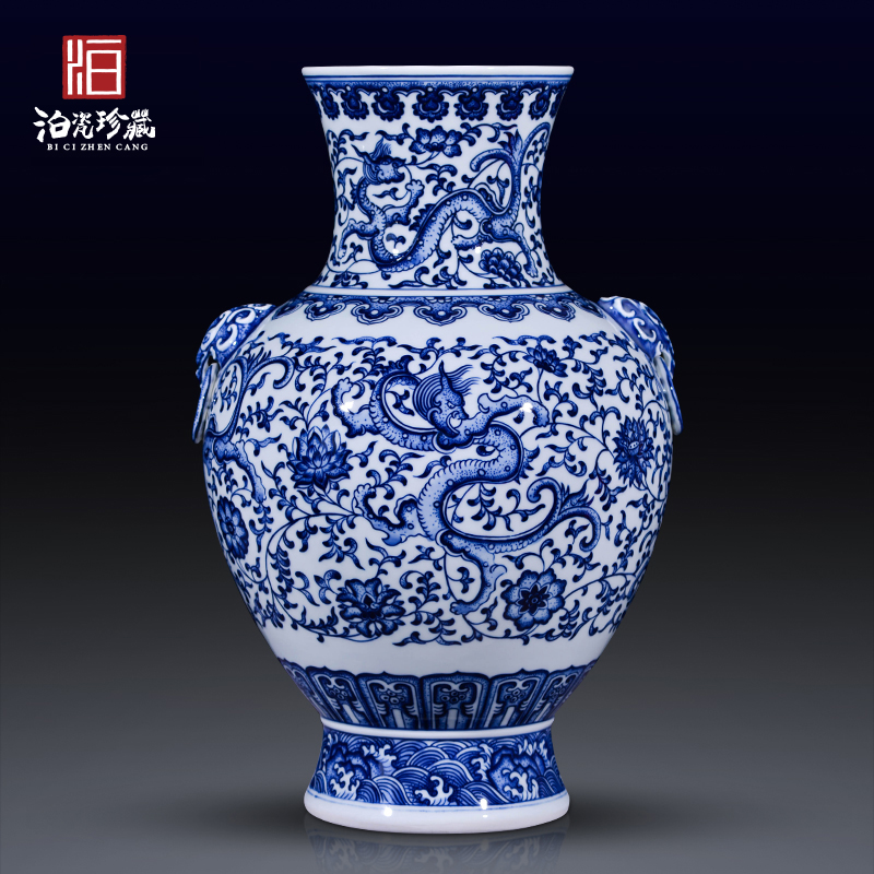 Jingdezhen blue and white antique ceramics new Chinese style living room TV cabinet dry flower big vase household adornment furnishing articles