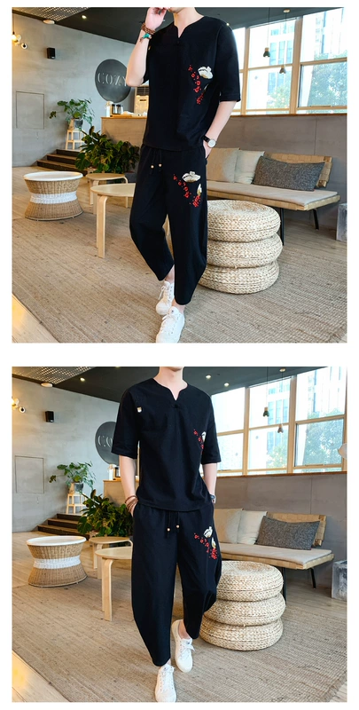 Bộ vest nam ngắn tay phong cách Trung Quốc phong cách dân tộc mùa hè Tang bộ đồ Hanfu nam hợp thời trang thương hiệu cổ điển trang phục cổ phong cách cổ Quần áo nam Trung Quốc