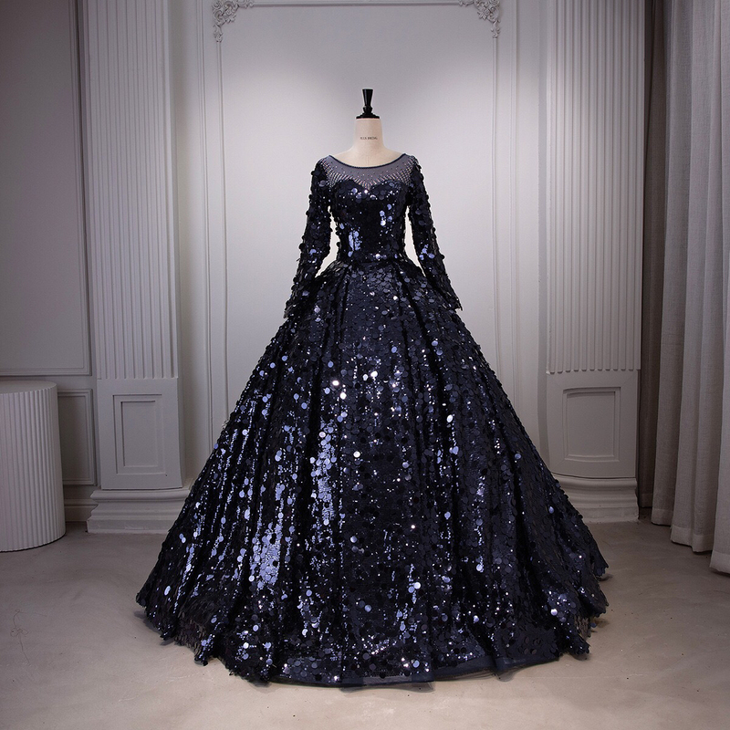 Foreign Trade European and American Navy Blue Palace-Style Dreamy Sequin Light Luxury Fashion Long-Sleeve Dress for Art Exams, Performances, and Proms with a Puffy Skirt Foreign Trade European and American Navy Blue Palace-Style Dreamy Sequin Light Luxury Fashion Long-Sleeve Dress for Art Exams, Performances, and Proms with a Puffy Skirt