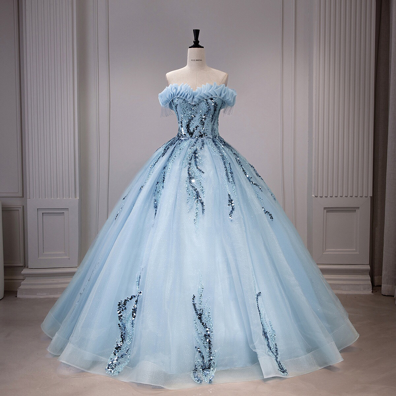 New Foreign Trade Wedding Dress with a High-End Fairy-Like Temperament, Suitable for Birthday Parties, Art Exams, and Hosting Events, in Ice Blue Evening Gown with a Puffy Skirt
