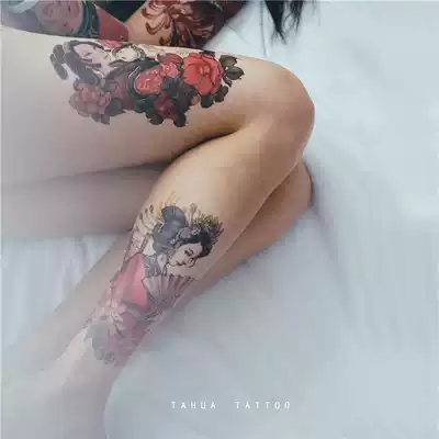 She painted Japanese geisha beauty pattern tattoo stickers big picture thighs to cover scars on the legs waterproof female long-lasting