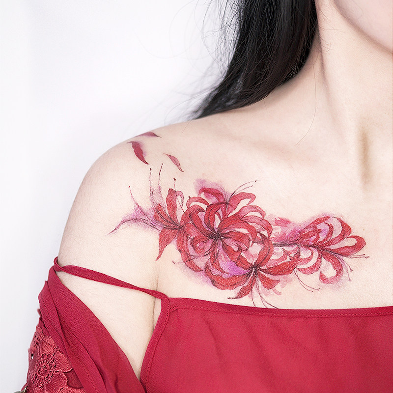 她画彼岸花锁骨纹身贴曼珠沙华大图案刺青防水女持久半永久