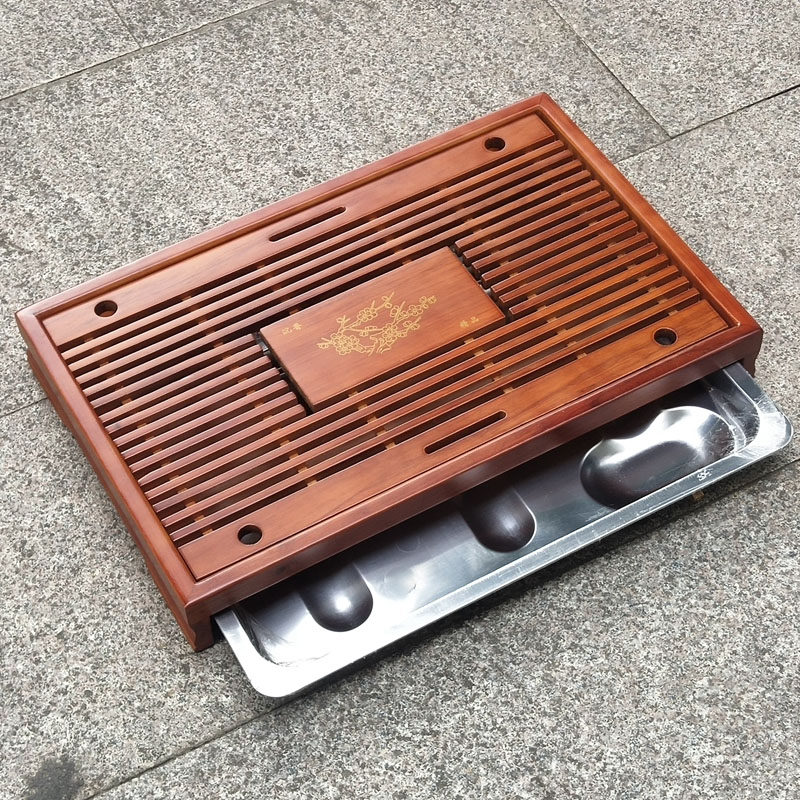Drawer type tea tray solid wood home living room large number tea sea stainless steel tea set Tray Drain minimalist drainage tea table