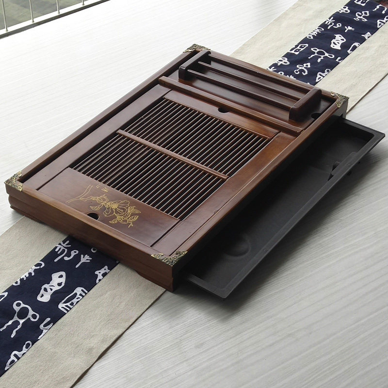Tea tray Solid wood drawer Household storage and drainage Office tea table Kung Fu tea tray with cup holder Wooden tea house Mini tea sea
