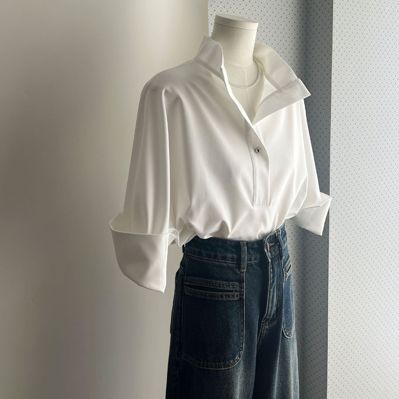 Lazy Batwing Sleeve Top, French Elegant Style, Suitable for Commuting, White, Loose, Plus Size, Slimming, Three-Quarter Sleeve White Shirt for Women