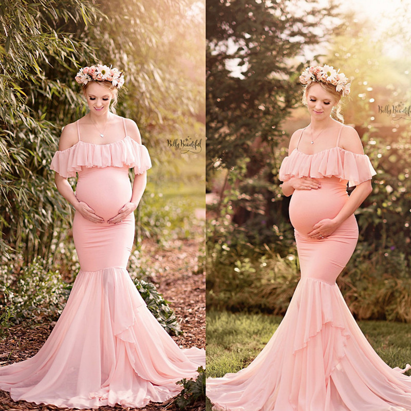 European and American Sexy trailing long skirts for pregnant women to take pictures and write true to the lotus leaf side fish tail dress Photographic foreign dress