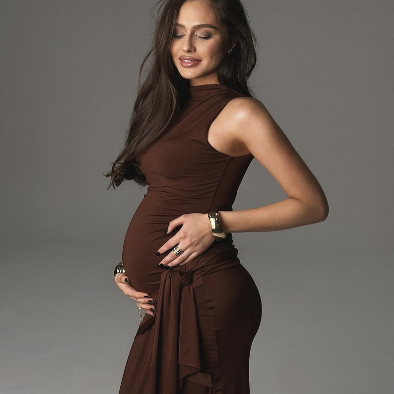Amazon Maternity Photo Shoot Clothing Studio Photography Pregnant Mom Sexy Bodycon Dress Round Neck Solid Color
