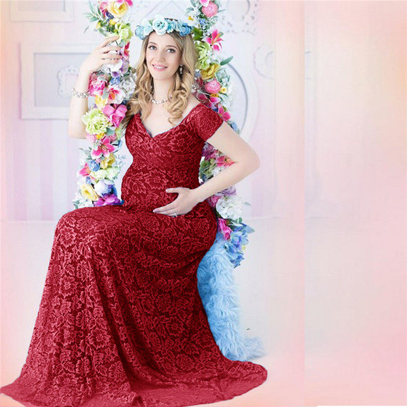 Speed Selling Through European And European Lace Pregnant Woman Trailing Short Sleeve Ocean Dress Photography Shooting Lotus Leaf Cuff Getaway Dress Gown Woman