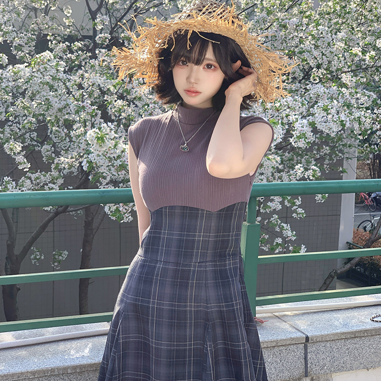 Lemon | Japanese Style Spring and Autumn Niche Design Fake Two-Piece Patchwork Plaid Cinched Waist Tie Sleeveless Slimming Dress
