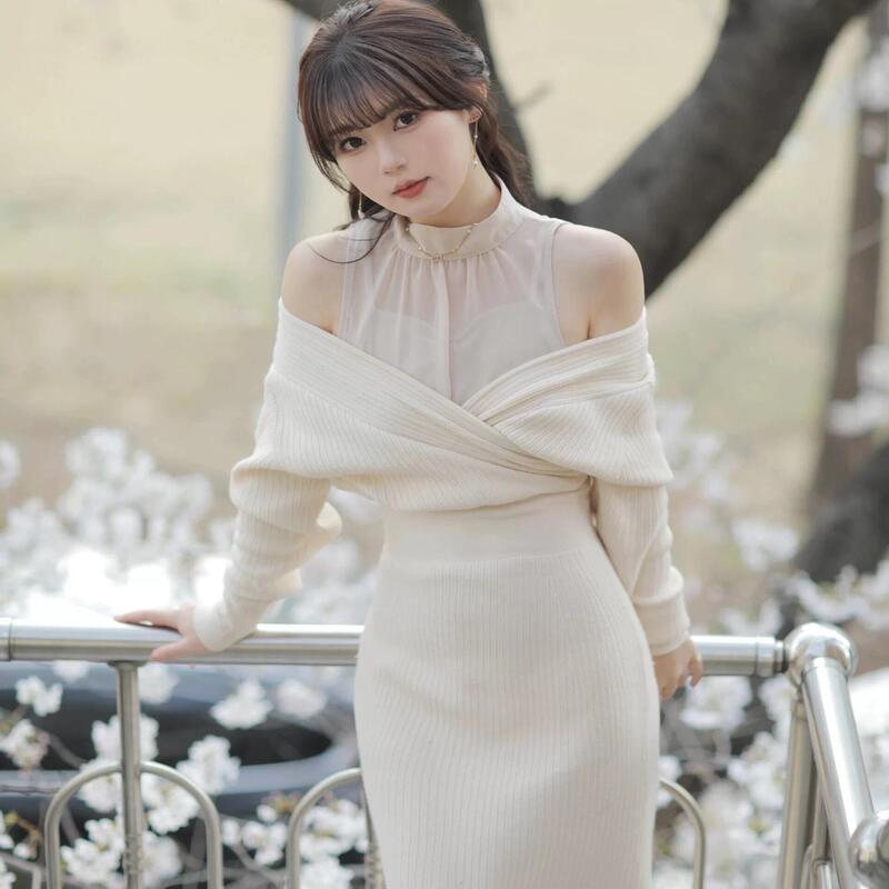 Lemon | Japanese Style Pure Desire Aesthetic Solid Color Fake Two-Piece Shirt with Knitted Off-Shoulder Waist-Cinching Fishtail Dress Lemon | Japanese Style Pure Desire Aesthetic Solid Color Fake Two-Piece Shirt with Knitted Off-Shoulder Waist-Cinching Fishtail Dress