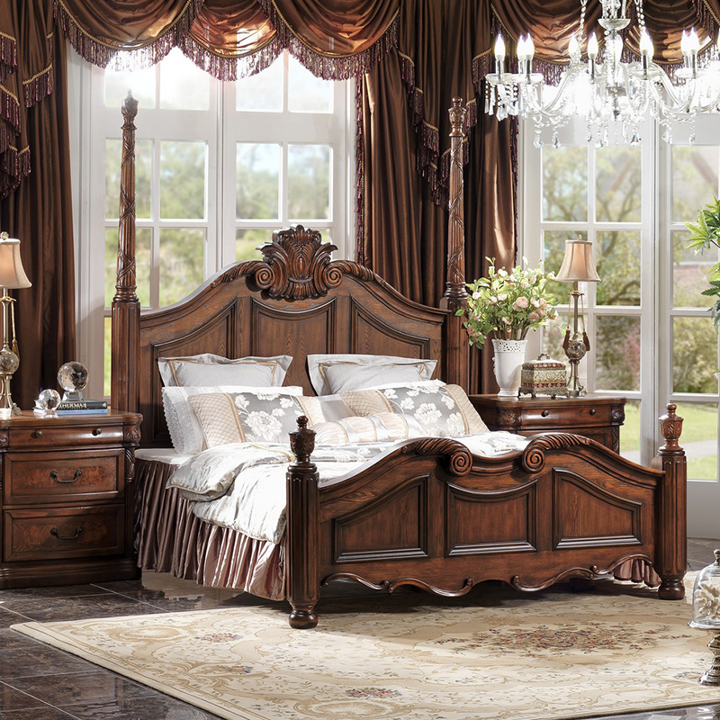 European-style villa Roman column big bed American classical wedding bed four-post elegant antique carved 18 beds all solid wood bed