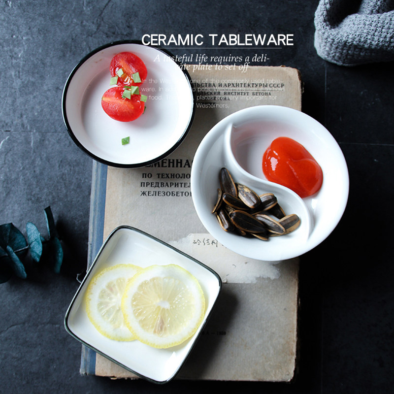 Ceramic vinegar dish sauce dish seasoning dish square household white porcelain stroke Tai Chi dish round compartment seasoning dish