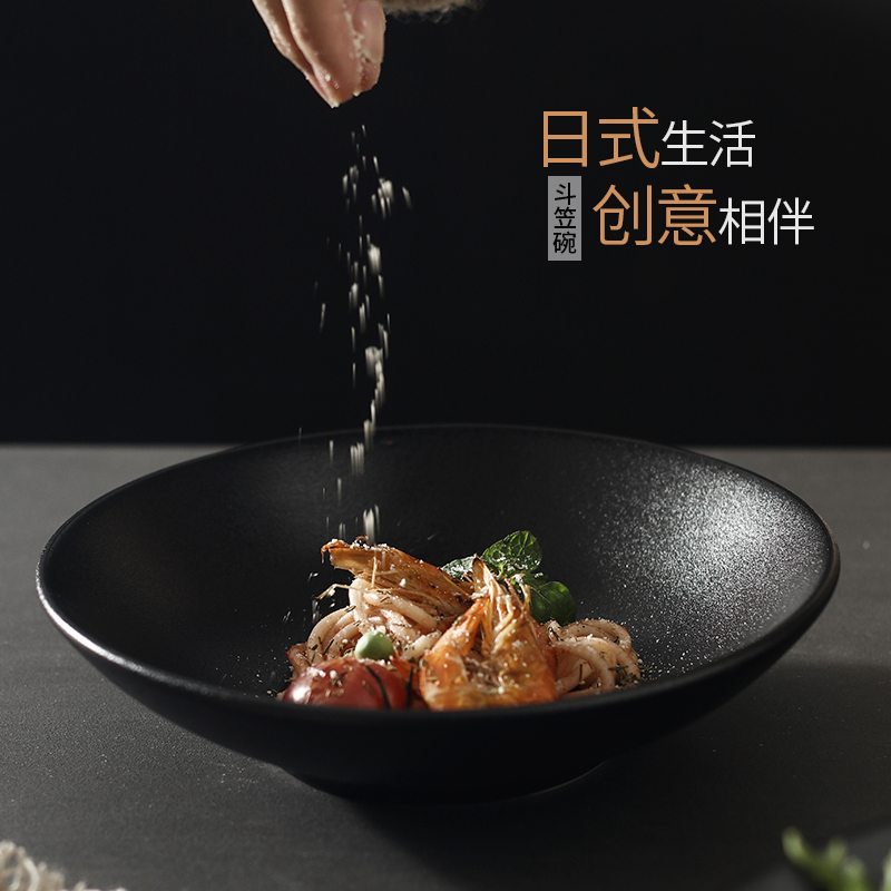Creative Plates, Dinner Plates, Household Ceramic Bowls, Black Matte Japanese-Style Commercial Deep Plates, Shallow Bowls for Boiled Noodles