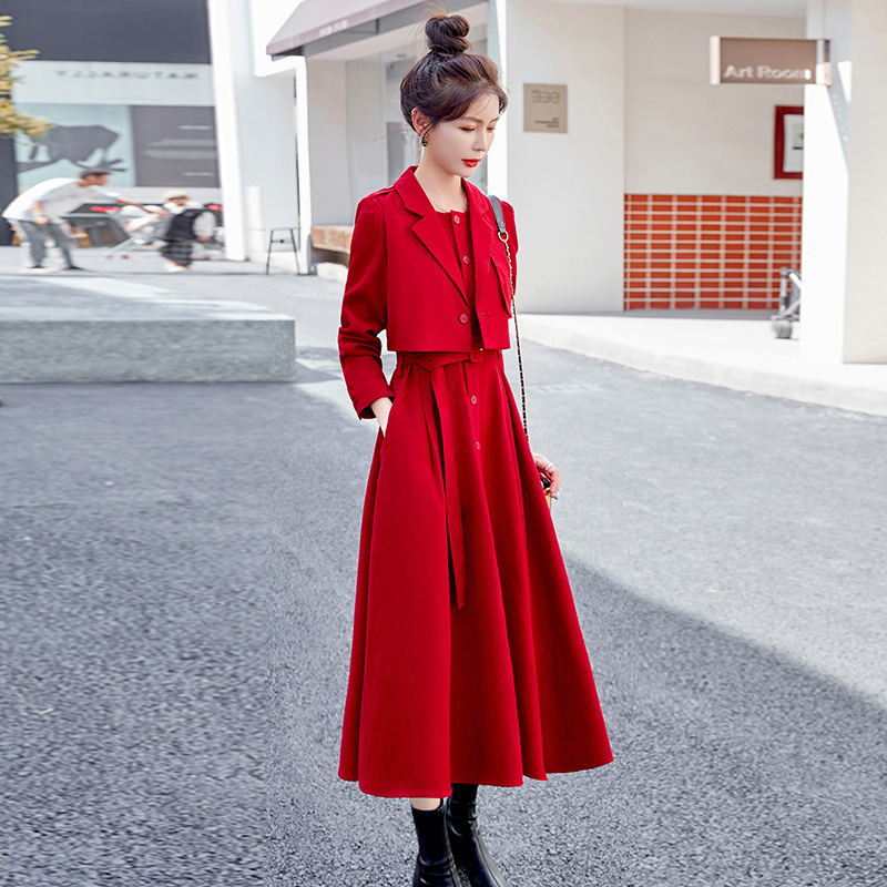 Red Suit Dress Women's Two-Piece Set 2026 Spring New High-End Elegant Goddess Style Western-Style Suit Dress