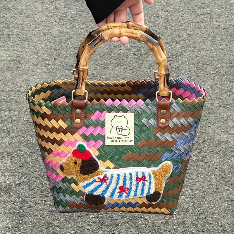 Dachshund Woven Vegetable Basket, Vintage Rattan Handbag, Bamboo Straw Bag, Handmade Bamboo Bag, Beach Bag