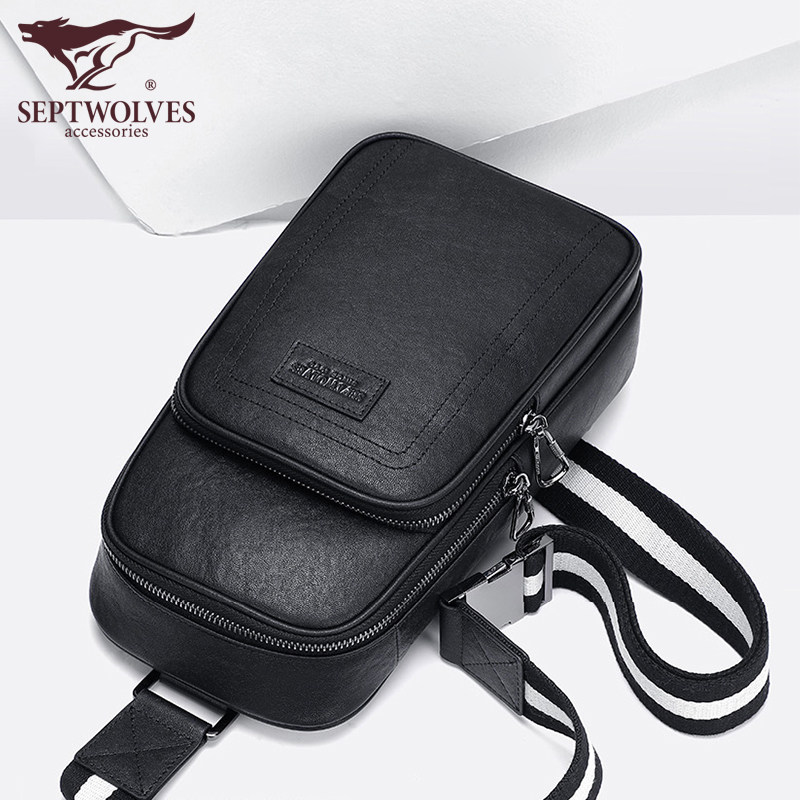 Seven Wolves Men's Bag Genuine Leather Head Layer Bull Leather Boomer Chest Front Backpack Soft Leather Upscale Light Large Capacity Casual Chest Bag-Taobao