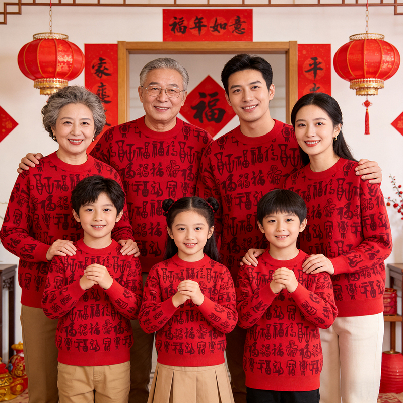 Full-Body Blessing Character Sweater for Parents, Couple Outfits, Autumn and Winter Base Layer Shirt, Red New Year Blessing for Grandparents in Their Zodiac Year