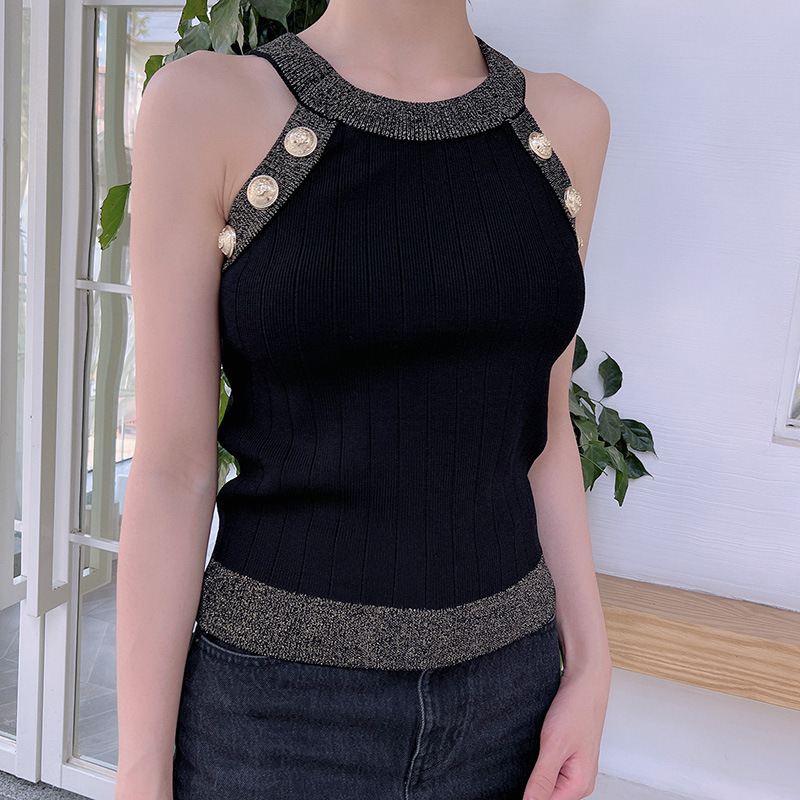 Effie Balmain Little Chanel Style 26 Summer Metal Buckle Slim Fit Color-Block Gold Trim Knitted Sleeveless Vest Top
