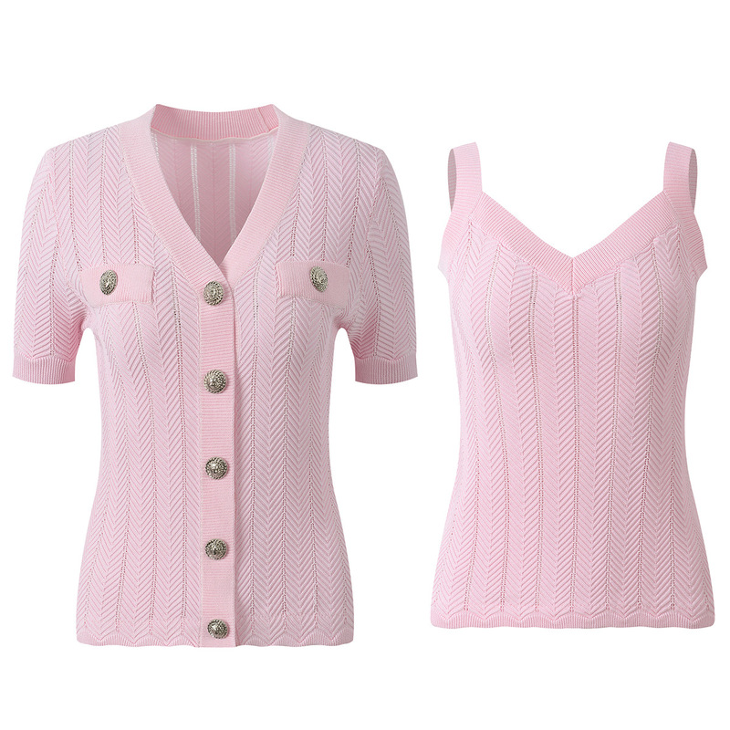 Aifei Balmain Summer New Wave Pattern Single-Breasted V-Neck Short-Sleeve Knitted Cardigan Slim-Fit Slimming Suspender Set