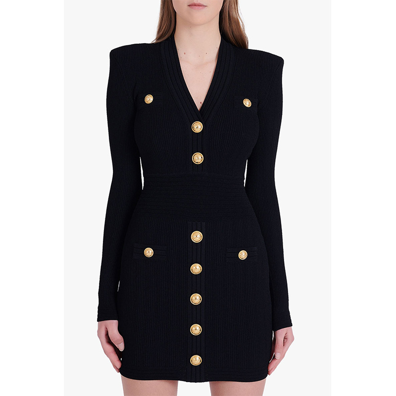 Aifei Balmain's New Autumn Style Elegant Waist-Cinching High-Waisted Commuter Dress with Metal Buckle, Knitted V-Neck, and Bodycon Short Skirt