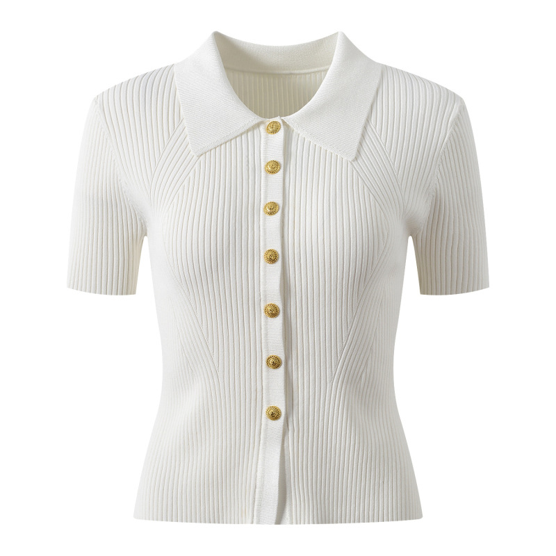 Effie Balmain 2026 Summer New Style Metal Buckle Fashionable Versatile Slim-Fit Polo Collar Knitted Cardigan Short Top