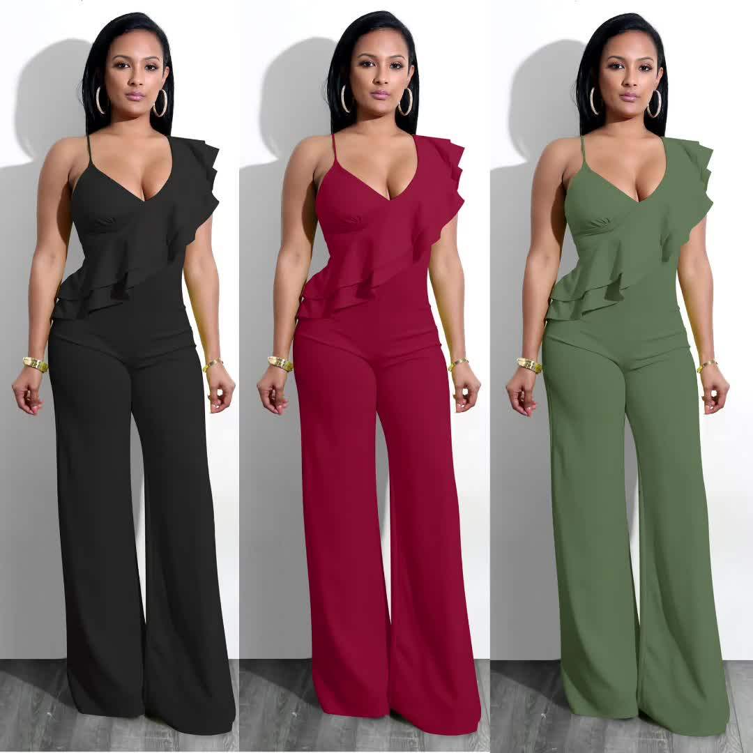 Stock Available Summer V Neck Jumpsuit High Waist Sleeveless Ruffle