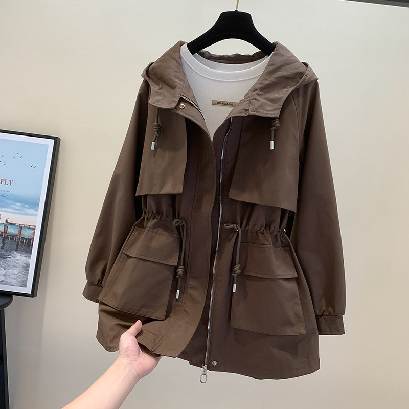 Wind cloister woman medium long version 2022 autumn new Korean version loose even cap cashew overalls jacket small sub casual blouse