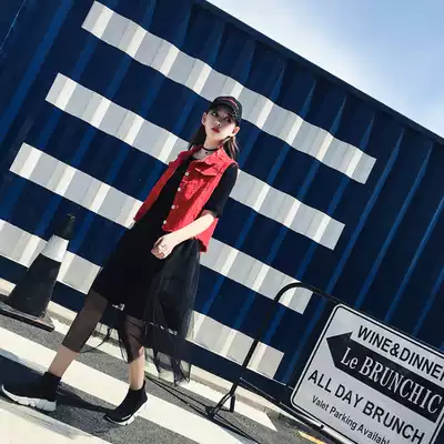 Mesh dress denim vest two-piece long version of gauze dress 2021 spring and summer new Korean version of Joker puffy dress